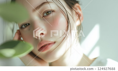 一位擁有美麗、水潤肌膚的女性在自然光下閃耀 一位擁有美麗、水潤肌膚的女性在自然光下閃耀 124927688