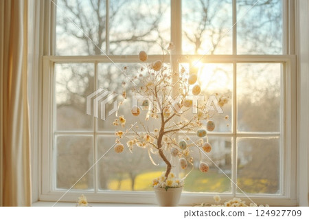Front view to Easter tree decorated in pastel Easter eggs, ribbons on windows. Warm morning sunlight 124927709