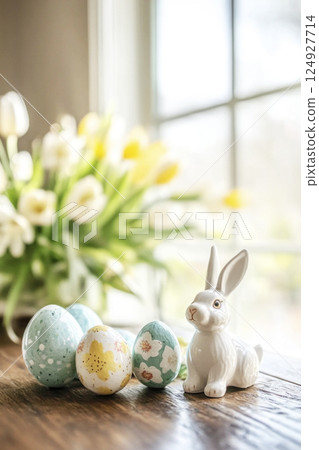 Minimal Easter still life Wooden table by window with Easter eggs, ceramic bunny, fresh white tulips 124927714