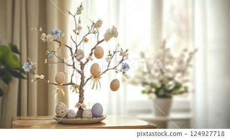 Easter home interior. Easter tree with pastel colored eggs, flowers and ribbons on wooden table. 124927718