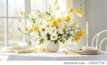Easter table setting. White yellow colors, dishes, golden cutlery, napkins, flowers in center. Easter table setting. White yellow colors, dishes, golden cutlery, napkins, flowers in center. 124927724