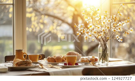 Easter table for brunch set by window. White and yellow ceramics, flowers, pastry. Sunlight light. Easter table for brunch set by window. White and yellow ceramics, flowers, pastry. Sunlight light. 124927727