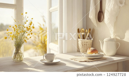 Easter brunch by open window. Fresh homemade bread, yellow flowers, golden cutlery on wooden table. Easter brunch by open window. Fresh homemade bread, yellow flowers, golden cutlery on wooden table. 124927728