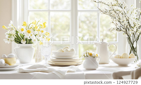 Beautifully styled Easter brunch with daffodils, Easter eggs, white ceramics, cozy light palette. Beautifully styled Easter brunch with daffodils, Easter eggs, white ceramics, cozy light palette. 124927729