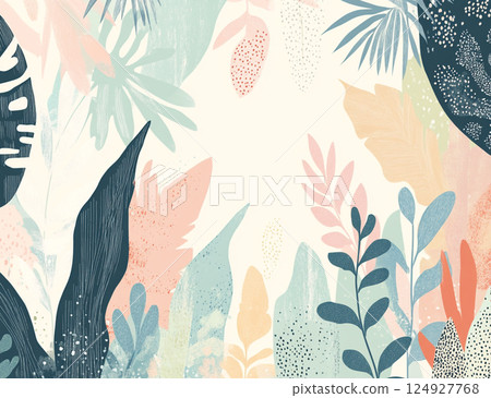 A flat illustration of an abstract jungle, featuring a mix of organic shapes and patterns in pastel colors. A flat illustration of an abstract jungle, featuring a mix of organic shapes and patterns in pastel colors. 124927768