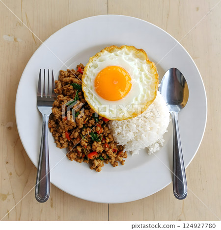 Pad Kra Pao chicken or stir-fried minced chicken with holy basil with spoon and fork. 124927780