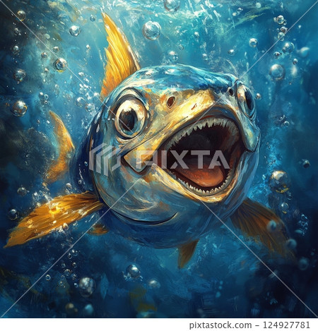 Fish opening mouth underwater, showing teeth and tongue 124927781