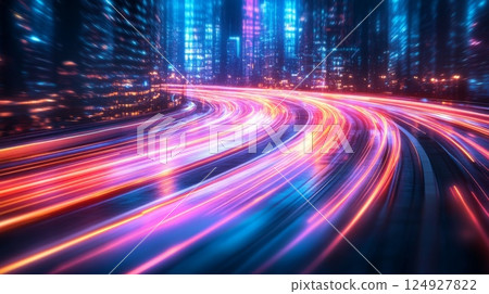 Light trails painting a curved highway in a futuristic city at night Light trails painting a curved highway in a futuristic city at night 124927822