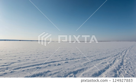 Snowy Winter Field Under a Clear Blue Sky with Footprints Snowy Winter Field Under a Clear Blue Sky with Footprints 124927883