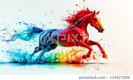 Colorful horse running with paint splattering around it Colorful horse running with paint splattering around it 124927884