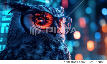 Owl wearing glasses reflecting computer code in futuristic city 124927885