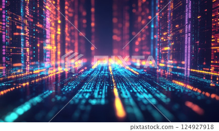 Futuristic neon digital data pathway in a high-tech urban landscape. Big Data Analysis 124927918