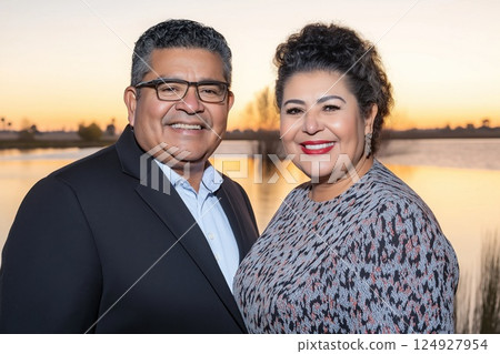 Hispanic couple smiling together outdoors at sunset and looking to the camera 124927954