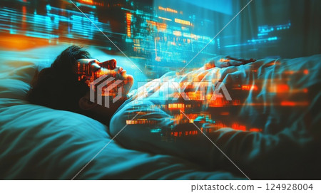 Young man sleeping and dreaming with futuristic digital overlay effect 124928004