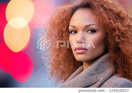Fashion model posing with red hair and city lights background 124928037