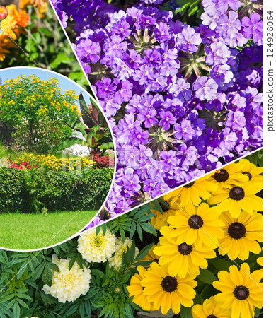 Colorful collage of flowers and garden. Mosaic pattern. 124928064