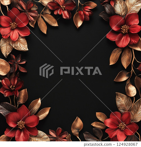 A striking black background frames vibrant red flowers and leaves, arranged elegantly to create a bold and decorative natural border with vivid contrast. 124928067