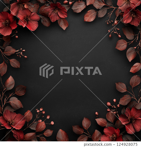 A striking black background frames vibrant red flowers and leaves, arranged elegantly to create a bold and decorative natural border with vivid contrast. 124928075
