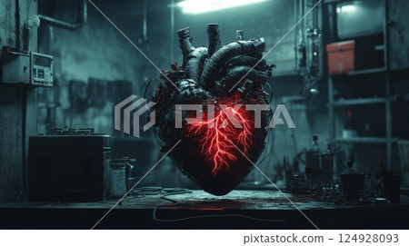 Artificial cybernetic heart beating in futuristic laboratory 124928093