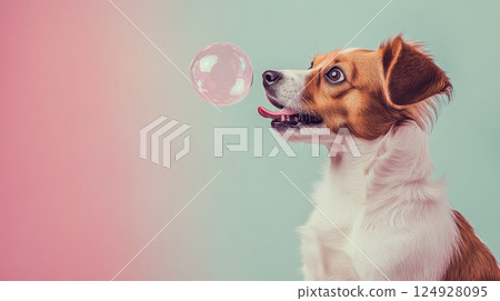 Kooikerhondje dog looking at floating soap bubble with pink and turquoise background 124928095