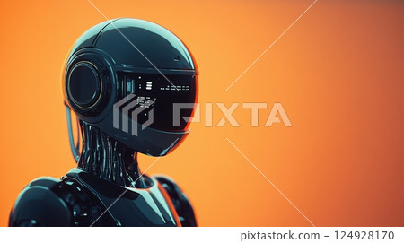 Futuristic robot showing artificial intelligence processing data on orange background 124928170