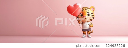 A joyful baby tiger, in sneakers and casual clothes, smiles brightly while holding a red heart-shaped balloon, perfect for a whimsical children's story, banner 124928226