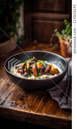 A rustic bowl of oatmeal with chicken broth, fried mushrooms, and green onions, placed on a dark wooden surface, with soft lighting evoking warmth and elegance 124928245