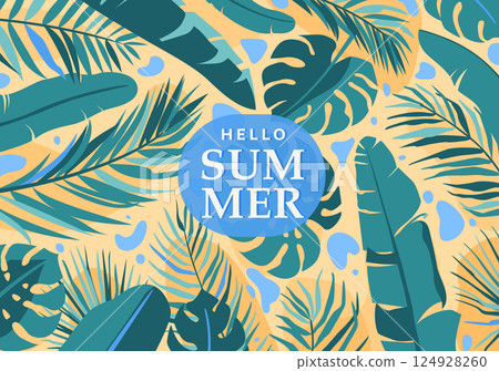 Summer tropical vector background. Tropic banner with jungle palm leaves, monstera, banana in minimal simple flat modern style. Beach, sun and sea banner design. Travel paradise vacation 124928260