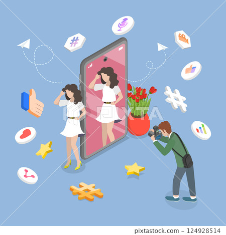 3D Isometric Flat Vector Illustration of Young Cheerful Girl Taking Picture of Herself, Social Media Connections 124928514