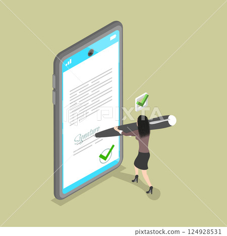 3D Isometric Flat Vector Illustration of Electronicaly Signed Document, Digital Xontract, E-document 124928531