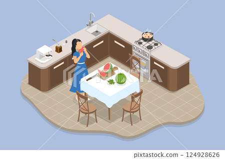 3D Isometric Flat Vector Illustration of Healthy Snack, Female Preparing Fresh Watermelon For Nutritious Snack In Detox Menu 124928626