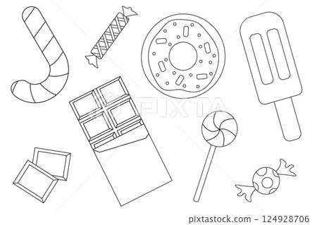 Outline set of sweets. Candy theme flat vector elements each isolated on white background. 124928706