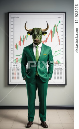 illustration of green bull in business suit with stock chart behind him 124928928