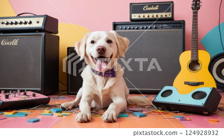 illustration of a dog inside a music studio with acoustic guitar and speakers in the background 124928932