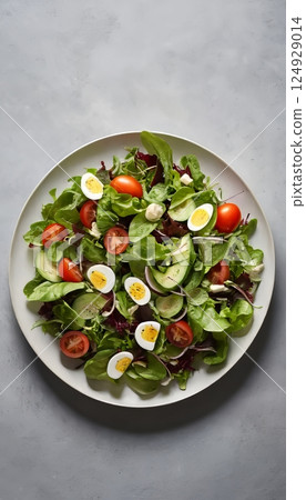 illustration of a plate of mediterranean greek salad with cherry tomatoes and other toppings high angle view 124929014