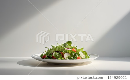 illustration of a plate of mediterranean greek salad with cherry tomatoes and other toppings 124929021