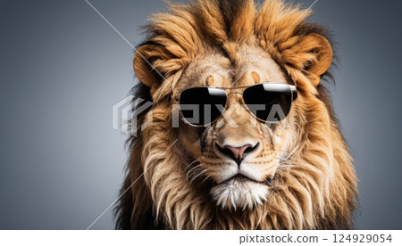 portrait of a lion wearing sunglasses to express leadership and charisma. Concept leadership roles and social charisma 124929054