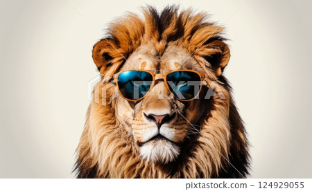 portrait of a lion wearing sunglasses to express leadership and charisma. Concept leadership roles and social charisma 124929055