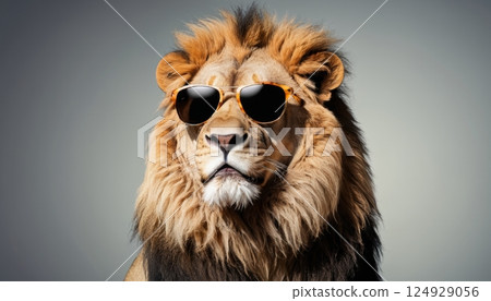 portrait of a lion wearing sunglasses to express leadership and charisma. Concept leadership roles and social charisma 124929056