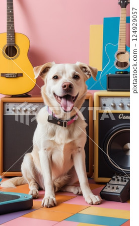 illustration of a dog inside a music studio with acoustic guitar and speakers in the background 124929057