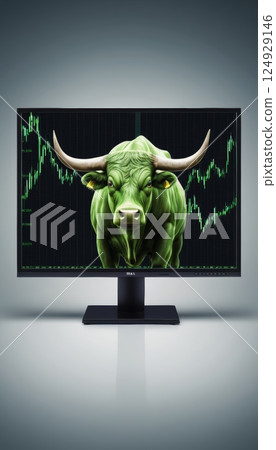 illustration of green bull with a monitor stock chart behind him, generative ai 124929146