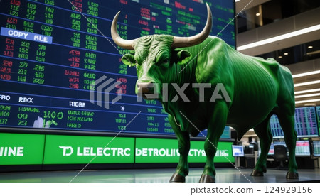illustration of green bull with a monitor stock chart behind him, generative ai illustration of green bull with a monitor stock chart behind him, generative ai 124929156