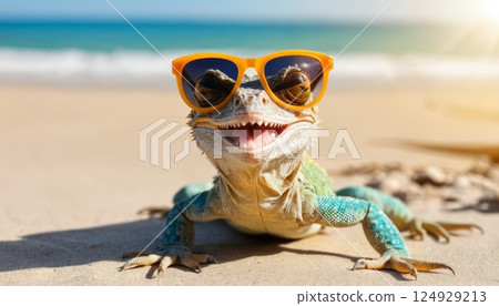 illustration of a smiling lizard wearing sunglasses enjoying the sun on the beach by the sea on a summer day 124929213