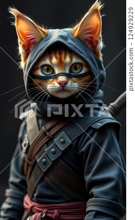 illustration portrait of a cat with a ninja costume and katana swords representing a fearsome assassin illustration portrait of a cat with a ninja costume and katana swords representing a fearsome assassin 124929229