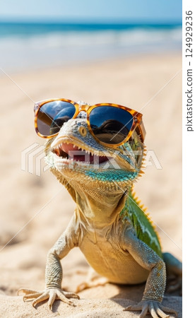 illustration of a smiling lizard wearing sunglasses enjoying the sun on the beach by the sea on a summer day 124929236