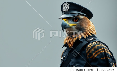 illustration of a hawk wearing a police officer uniform with badge and hat 124929246