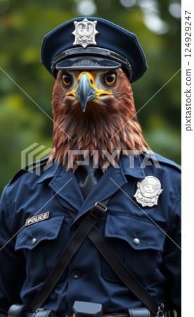 illustration of a hawk wearing a police officer uniform with badge and hat 124929247