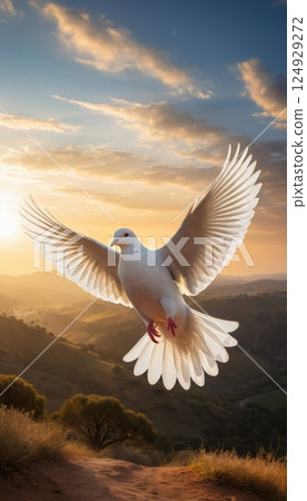 illustration of a white dove flying free with delicate rays of light behind it 124929272