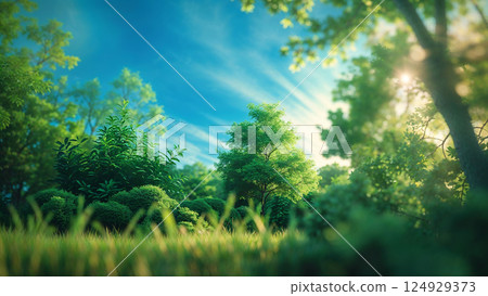 Sun shining through trees in beautiful green forest 124929373