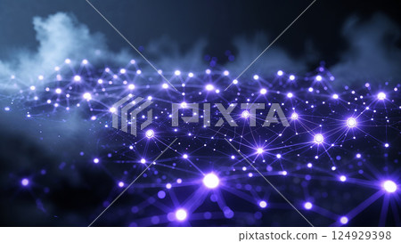 Network mesh glowing on dark background with purple lights and smoke 124929398